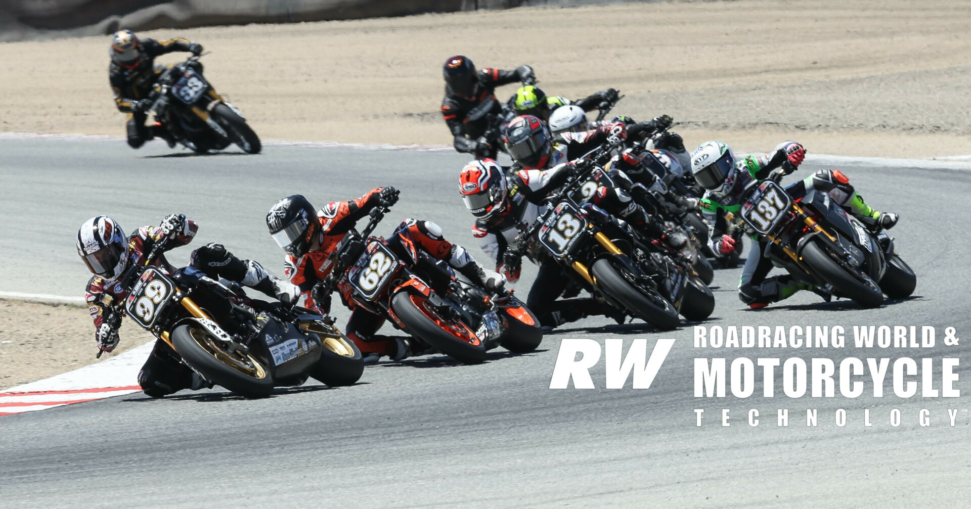 Early in the RSD Super Hooligan race at Laguna Seca, Stefano Mesa (137) on an Energica electric bike chased Jeremy McWilliams (99), Andy DiBrino (62), and Cory West (13), and led Tyler O'Hara, Nate Kern, Alex Taylor, and Josh Baird. Mesa raced Kern and Baird for sixth until slowing on the last lap with hot batteries, and finished 13th. Photos by Brian J. Nelson.