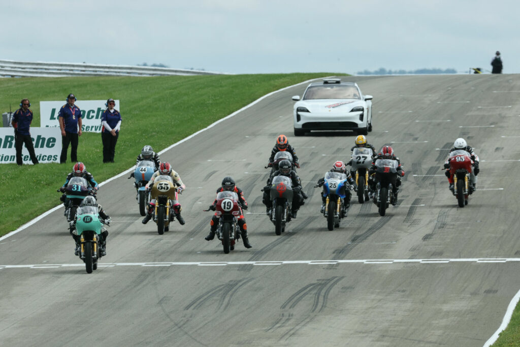 Kayleigh Buyck (16) won the Royal Enfield Build. Train. Race. race at PittRace, beating Crystal Martinez (25) and Chloe Peterson (55). Photo by Brian J. Nelson, courtesy MotoAmerica.