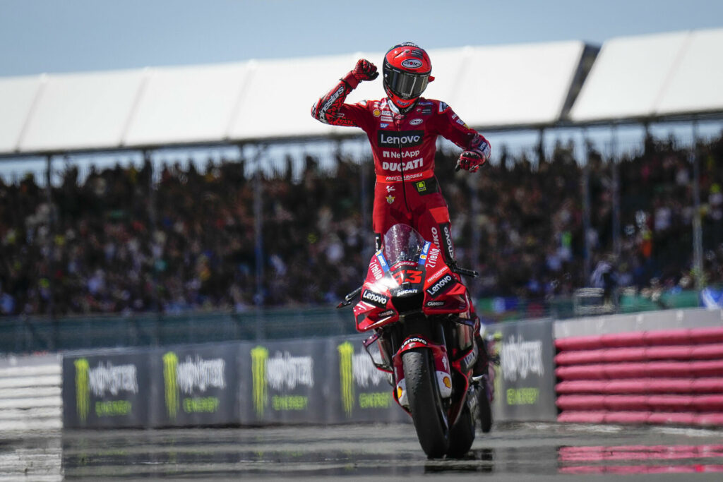 Francesco Bagnaia (63) celebrates winning the British Grand Prix. Photo courtesy Dorna.