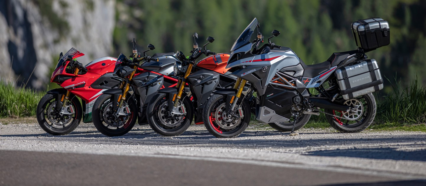 Energica's current model lineup (from the foreground) Experia, Esse Esse 9, Eva Ribelle, and Ego. Photo courtesy Energica.