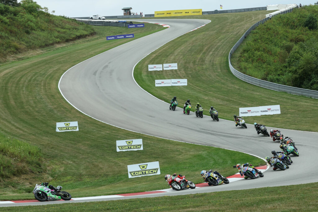 Cody Wyman (34) pulled out to a lead and held it to win the SportbikeTrackGear.com Junior Cup class for the second straight day. Photo by Brian J. Nelson, courtesy MotoAmerica.