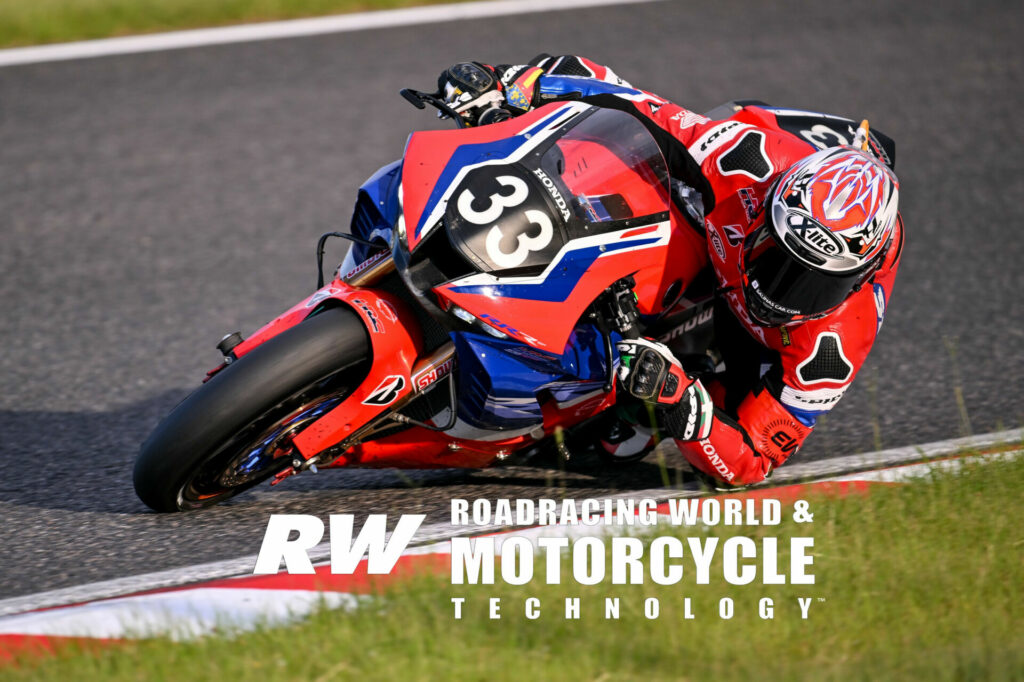 Iker Lecuona (33) at speed on the Team HRC Honda CBR1000RR-R Fireblade SP during the Suzuka 8-Hours race. Photo by Kohei Hirota.