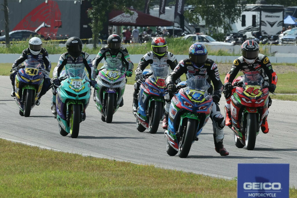 Max Van (48) leads Gus Rodio (96), Joe LiMandri (62), Cody Wyman (34), Avery Dreher (99), and Kayla Yaakov (31) at Brainerd International Raceway. Photo by Brian J. Nelson, courtesy SportbikeTrackGear.com.