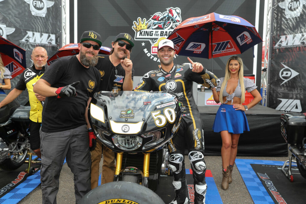 Bobby Fong (right) with his crew in winner's circle at Brainerd. Photo by Brian J. Nelson, courtesy Indian Motorcycle.