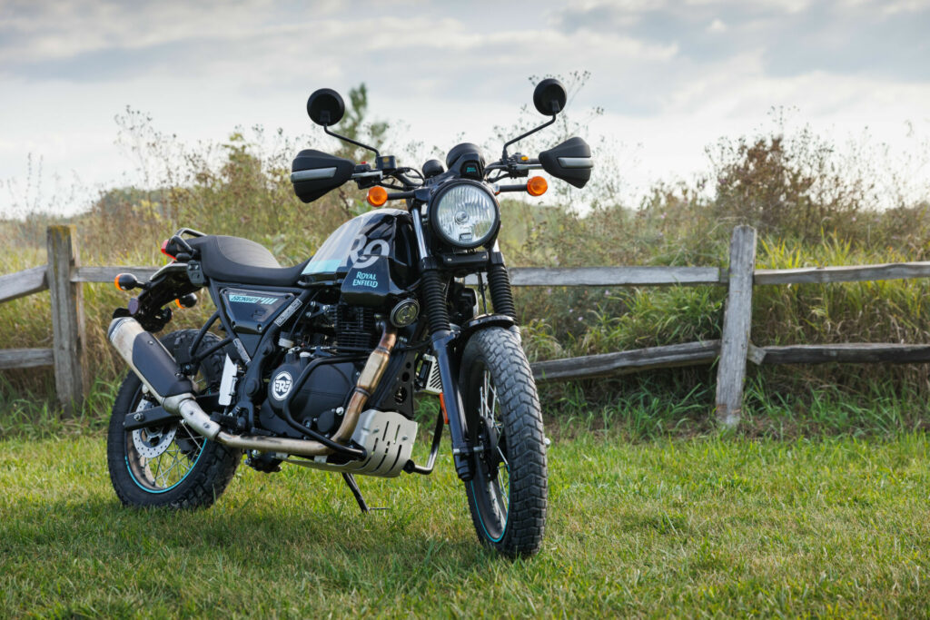 Royal Enfield Scram 411 in Silver Spirit, featuring an assortment of Genuine Motorcycle Accessories also available from Royal Enfield. Photo courtesy Royal Enfield North America.