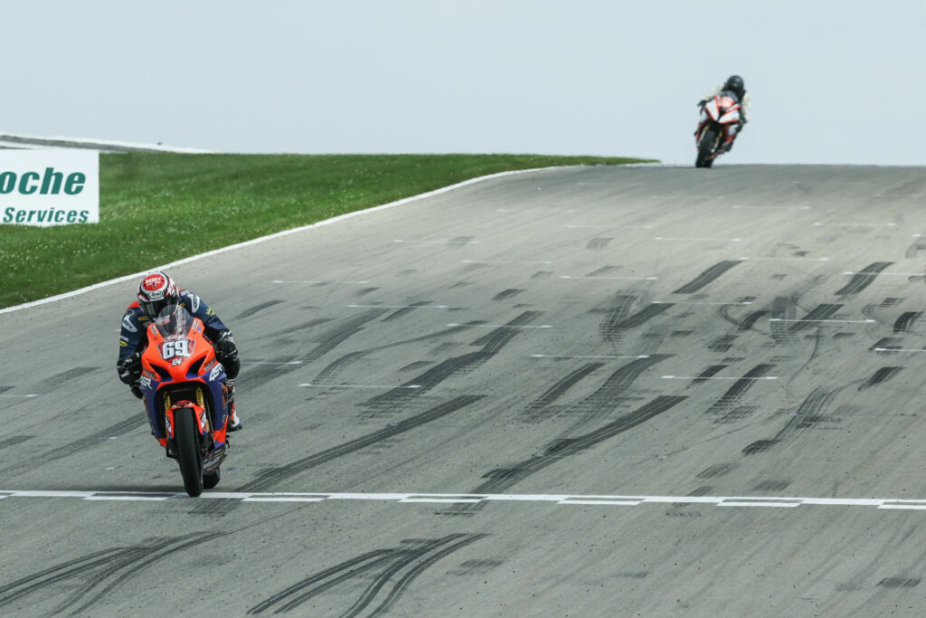 Hayden Gillim (69) won Saturday's Yuasa Stock 1000 race at PittRace to move within 14 points of Championship points leader Corey Alexander. Photo by Brian J. Nelson, courtesy MotoAmerica.