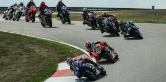 Jake Gagne (1) leads Danilo Petrucci (9) early in one of the three starts during MotoAmerica Superbike Race One Saturday at PittRace. Photo by Brian J. Nelson, courtesy MotoAmerica.