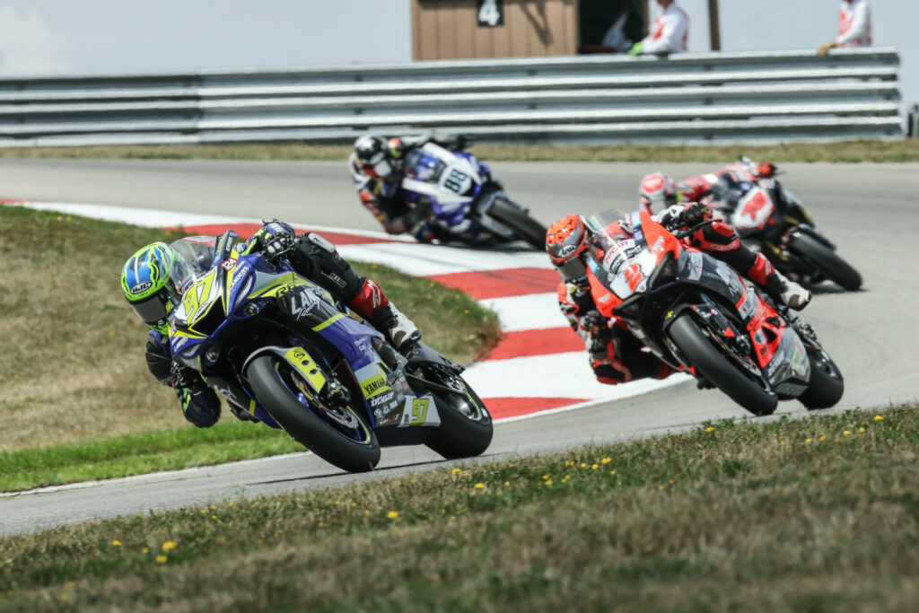 Rocco Landers (97) won his third straight Supersport race, topping Josh Herrin (2) and Tyler Scott (70 on Saturday at PittRace. Photo by Brian J. Nelson, courtesy MotoAmerica.