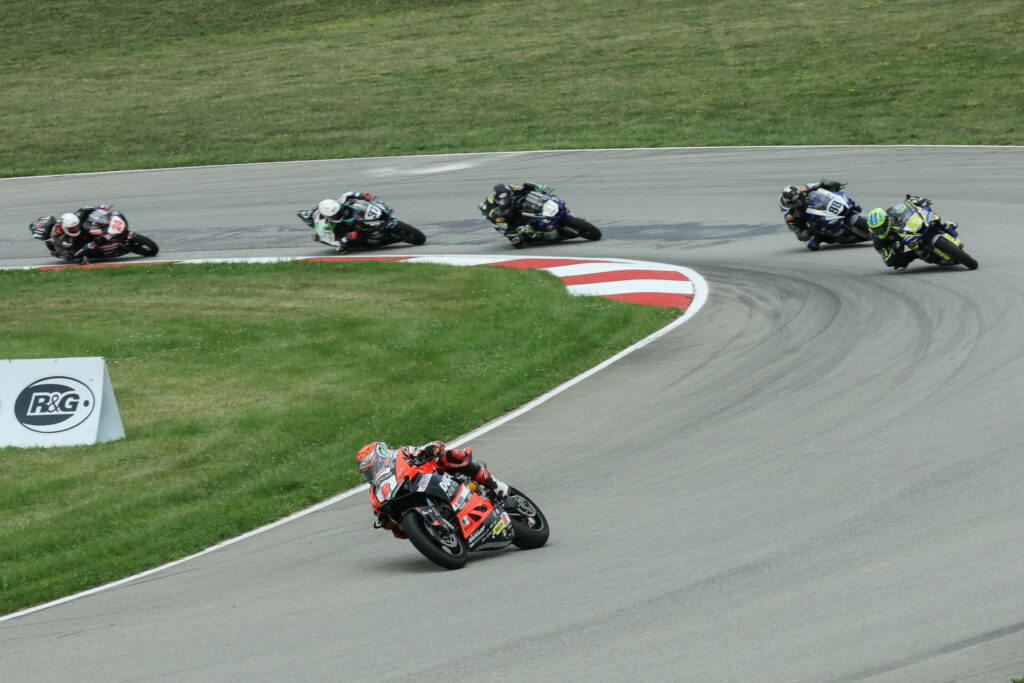 Josh Herrin (2) ran away in the Supersport race at PittRace on Sunday, besting Saturday's winner Rocco Landers (97). Photo by Brian J. Nelson, courtesy MotoAmerica.