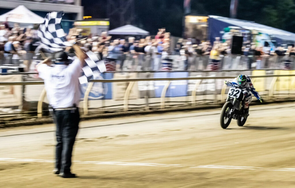 Dallas Daniels (32) won the AFT Mission SuperTwins race at the Sacramento Mile. Photo courtesy AFT.