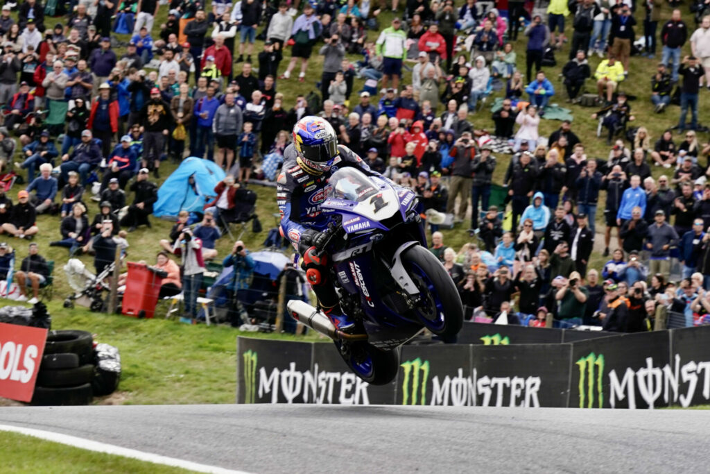 Toprak Razgatlioglu (1) jumping "The Mountain" during exhibition laps at Cadwell Park. Photo courtesy MSVR.