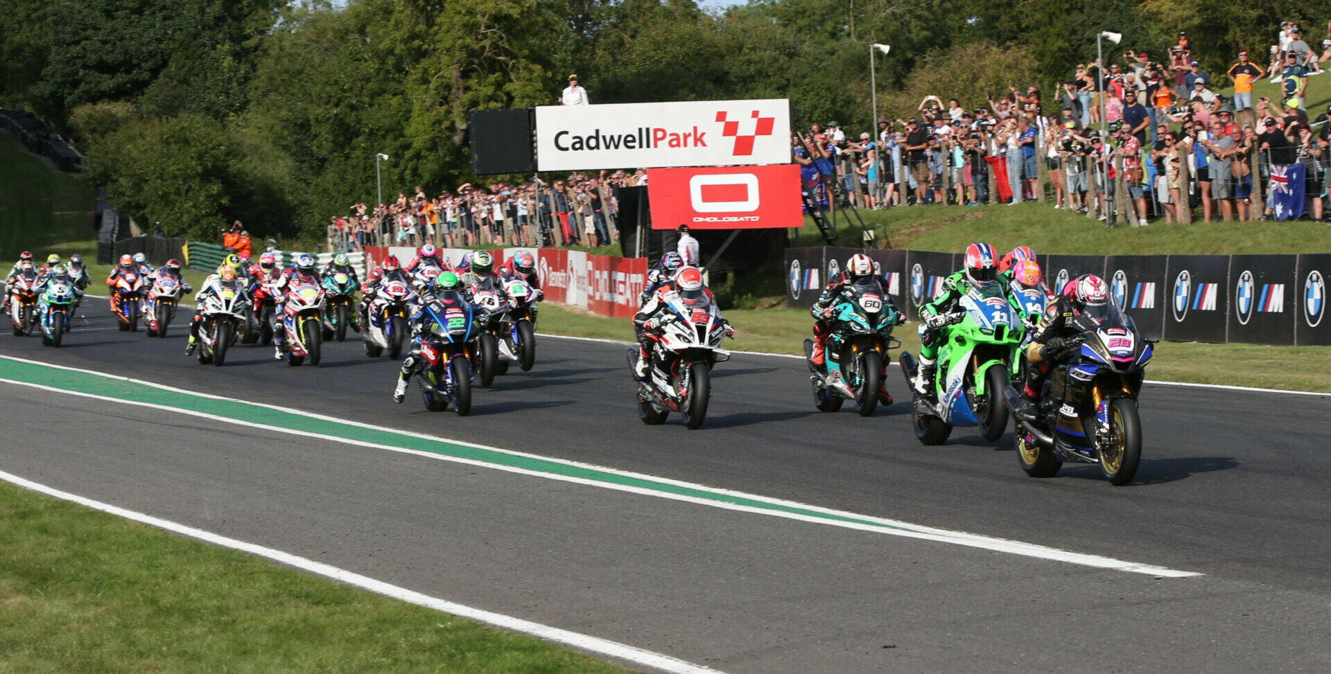 Bradley Ray (28) leads from the start of Bennetts British Superbike eBay Sprint Race One Sunday at Cadwell Park. Photo courtesy MotorSport Vision Racing.