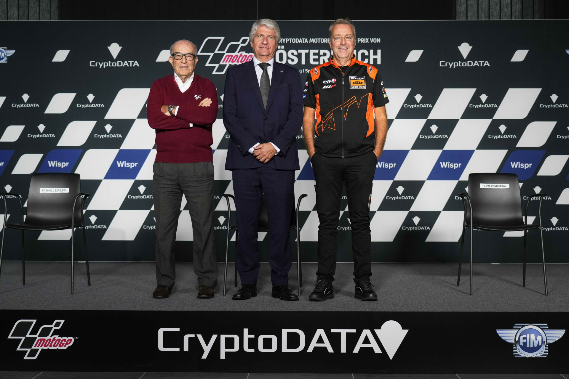 (From left) Dorna CEO Carmelo Ezpeleta, FIM President Jorge Viegas, and IRTA President Herve Poncharal at the press conference announcing the new Sprint race format in MotoGP. Photo courtesy Dorna.