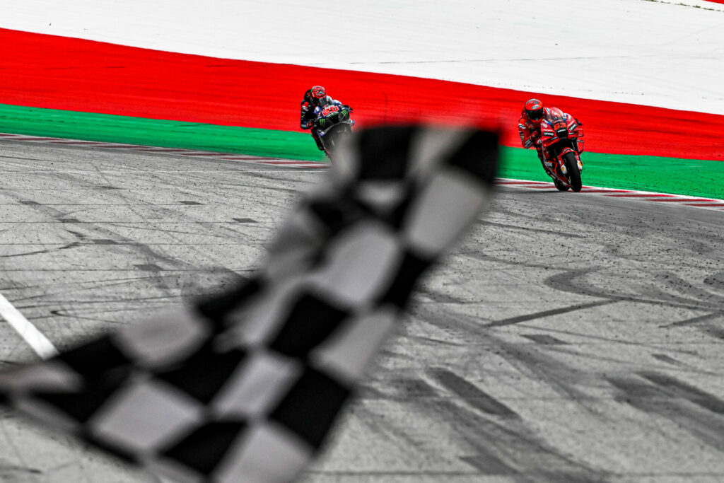 Francesco Bagnaia (63) held on to win over a charging Fabio Quartararo (20) Sunday at the Red Bull Ring. Photo courtesy Dorna.