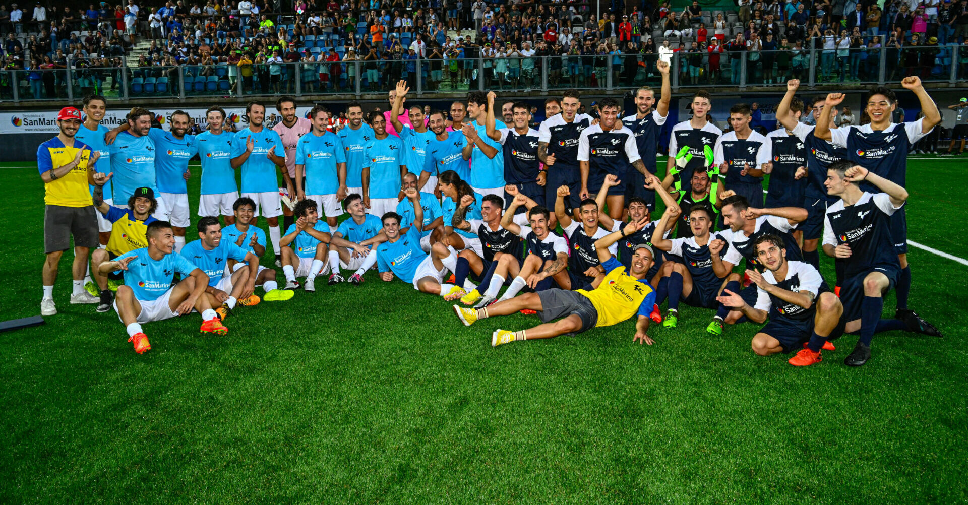 Over 40 World Championship riders faced off against each other in a full soccer match Wednesday in San Marino. Photo courtesy Dorna.