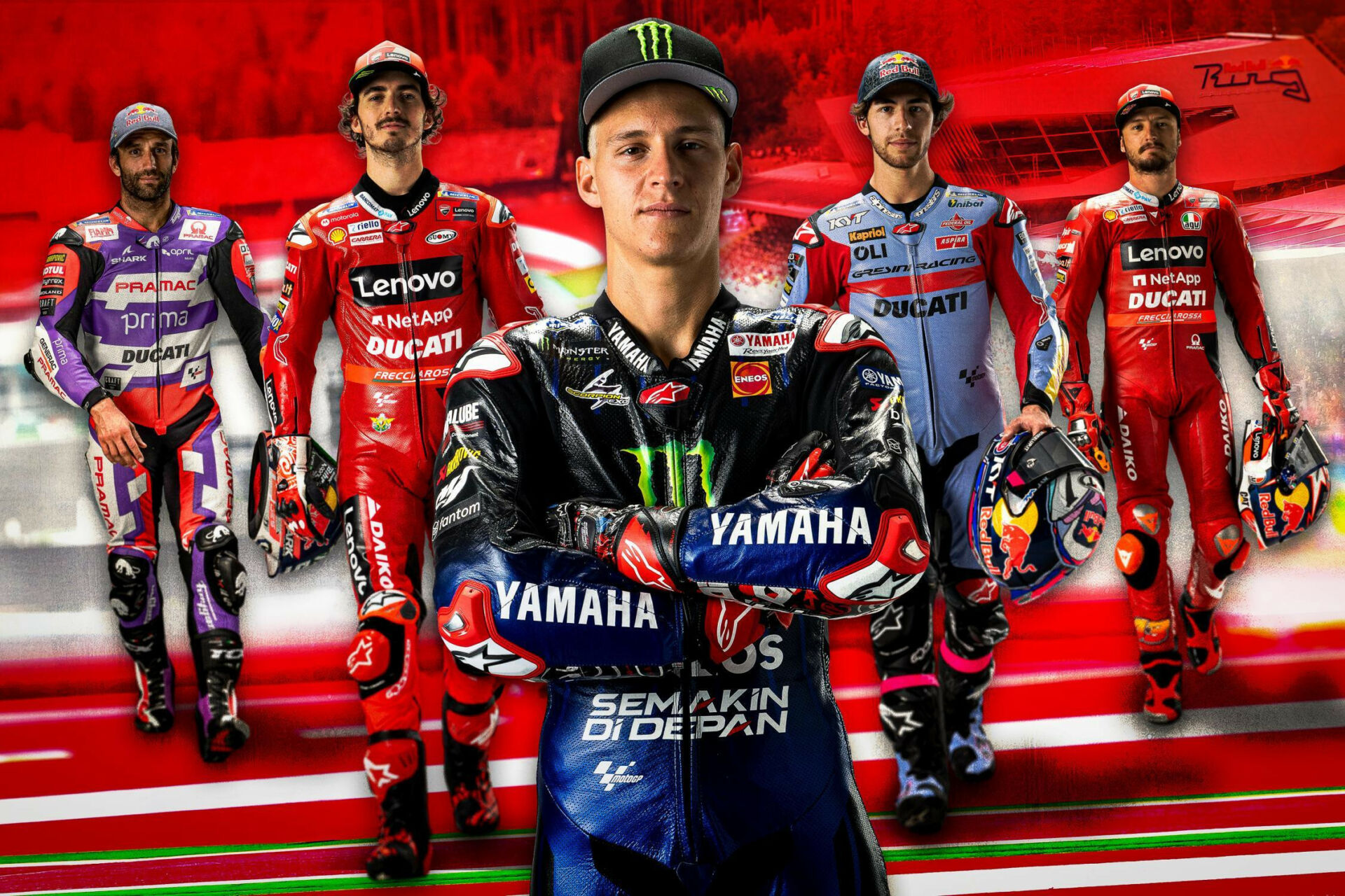 Reigning MotoGP World Champion Fabio Quartararo (center) will look to defend his Championship point lead over (from left) Johann Zarco, Francesco Bagnaia, Enea Bastianini, and Jack Miller this coming weekend at the new-look Red Bull Ring. Image courtesy Dorna.