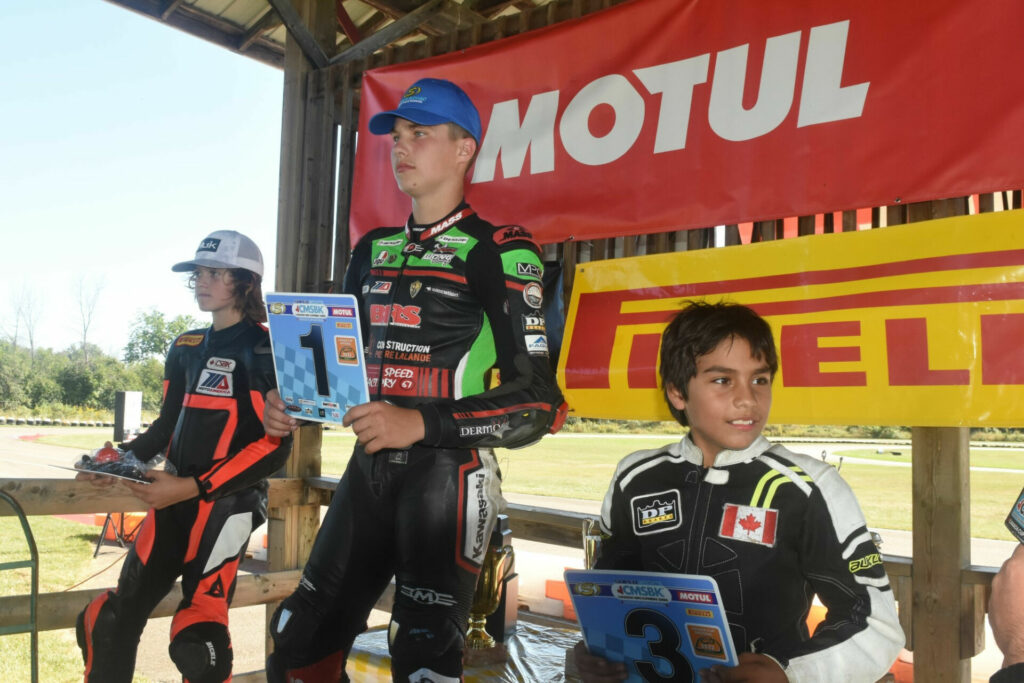 Vincent Lalande (center) was joined by rival Benjamin Hardwick (left) and newcomer Michael Galvis (right) on the Canada Cup national podium. Photo by Colin Fraser, courtesy CSBK/PMP.