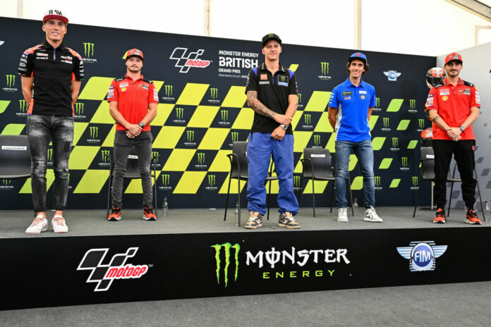 MotoGP racers (from left) Aleix Espargaro, Jack Miller, Fabio Quartararo, Alex Rins, and Francesco Bagnaia at the pre-event press conference at Silverstone. Photo courtesy Dorna.