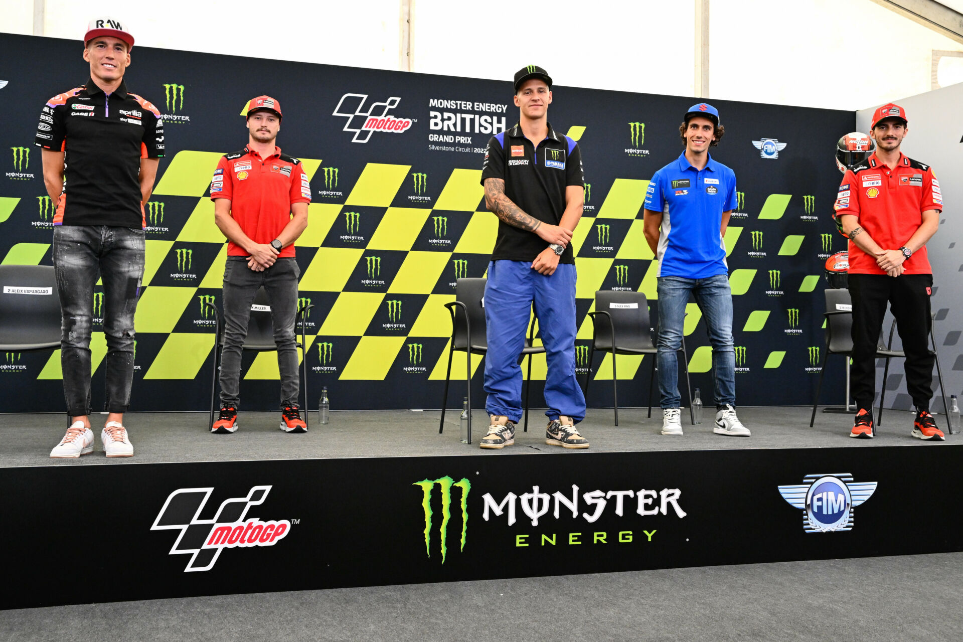 MotoGP racers (from left) Aleix Espargaro, Jack Miller, Fabio Quartararo, Alex Rins, and Francesco Bagnaia at the pre-event press conference at Silverstone. Photo courtesy Dorna.