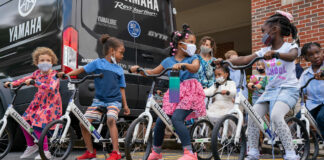 Kindergarten students taking part in the All Kids Bike program with Strider balance bikes. Photo courtesy Yamaha Motor Corp., U.S.A.