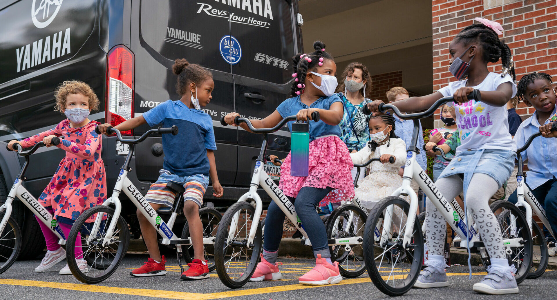 Kindergarten students taking part in the All Kids Bike program with Strider balance bikes. Photo courtesy Yamaha Motor Corp., U.S.A.