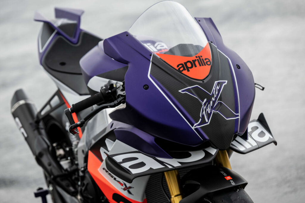 Aprilia's RSV4 XTrenta features upper and lower aerodynamic wings. Photo courtesy Aprilia.