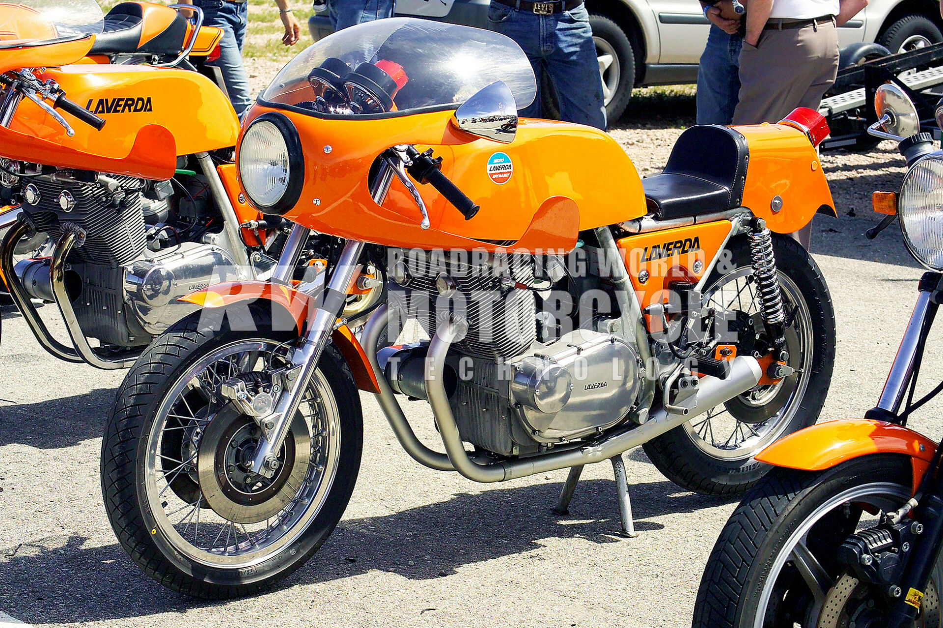A late-model 1974 Laverda 750SFC (Super Freni Competizione) with a customer-installed speedometer, tachometer, and mirrors. Disc brakes were now stock as were wire-spoke wheels with Borrani rims. Photo by Mick Ofield.