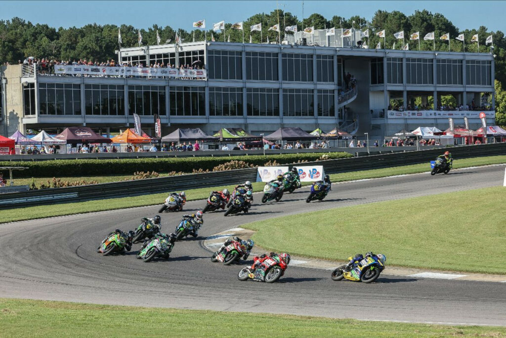 SportbikeTrackGear.com Junior Cup action with race winner Kayla Yaakov (31) leading Gus Rodio (96) and company on Saturday at Barber. Photo by Brian J. Nelson. courtesy MotoAmerica.