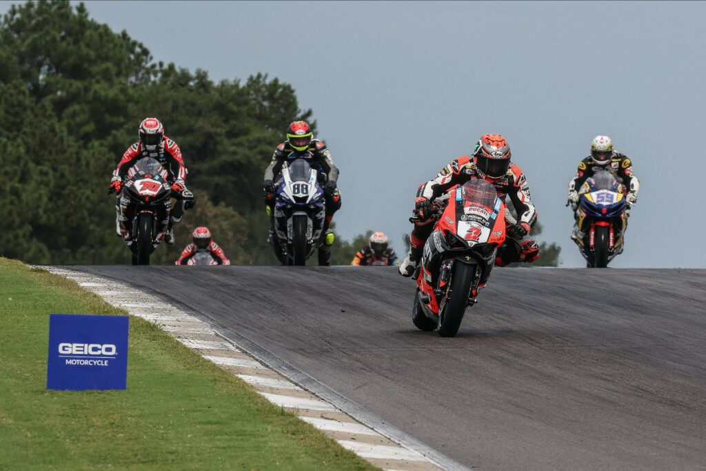 Josh Herrin (2) won the Supersport race on a drying Barber Motorsports Park on Sunday. Photo by Brian J. Nelson, courtesy MotoAmerica.