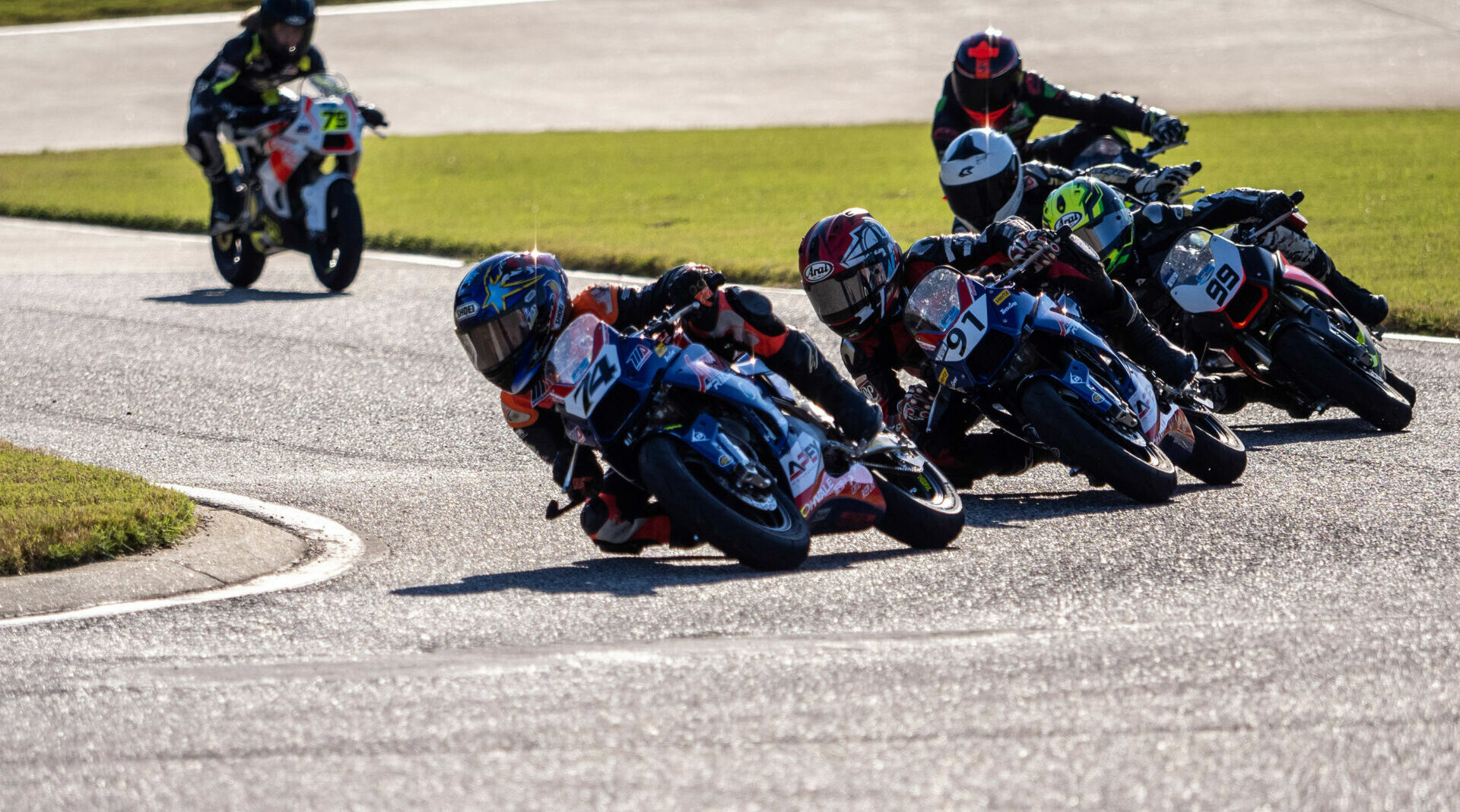 Kensei Matsudaira (74) leading the MotoAmerica Mini Cup by Motul 190 class Race One on his way to victory. Photo by Jason Reasin Photography, courtesy Evike.com.