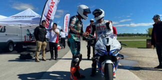 Canadian Superbike Champion Ben Young (on motorcycle) and Canadian Sport Bike Champion Trevor Dion (standing) tested Bridgestone tires under the supervision of Bridgestone engineers at Grand Bend Motorplex, in Ontario. Photo by Ross Millson, courtesy CSBK/PMP.