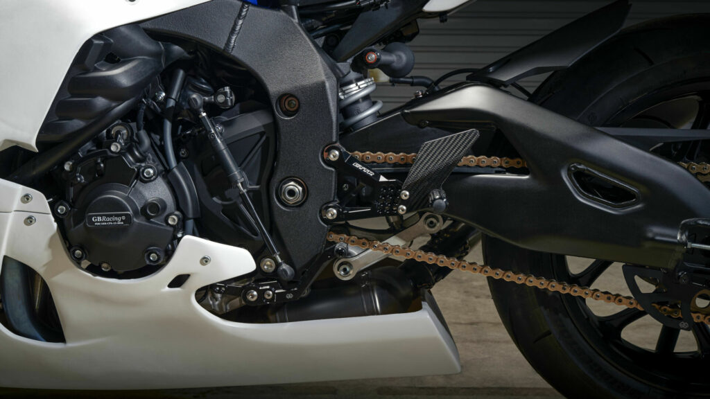 The 2023 Yamaha YZF-R1 GYT-R comes with rearsets that allow for a reverse shift pattern.  Photo courtesy of Yamaha Motor Europe.