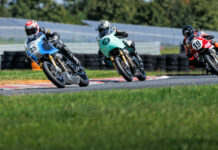 Crystal Martinez (25) leads Kayleigh Buyck (16), and Jennifer Chancellor (19) during the Royal Enfield BTR race at NJMP. Photo courtesy Royal Enfield North America.