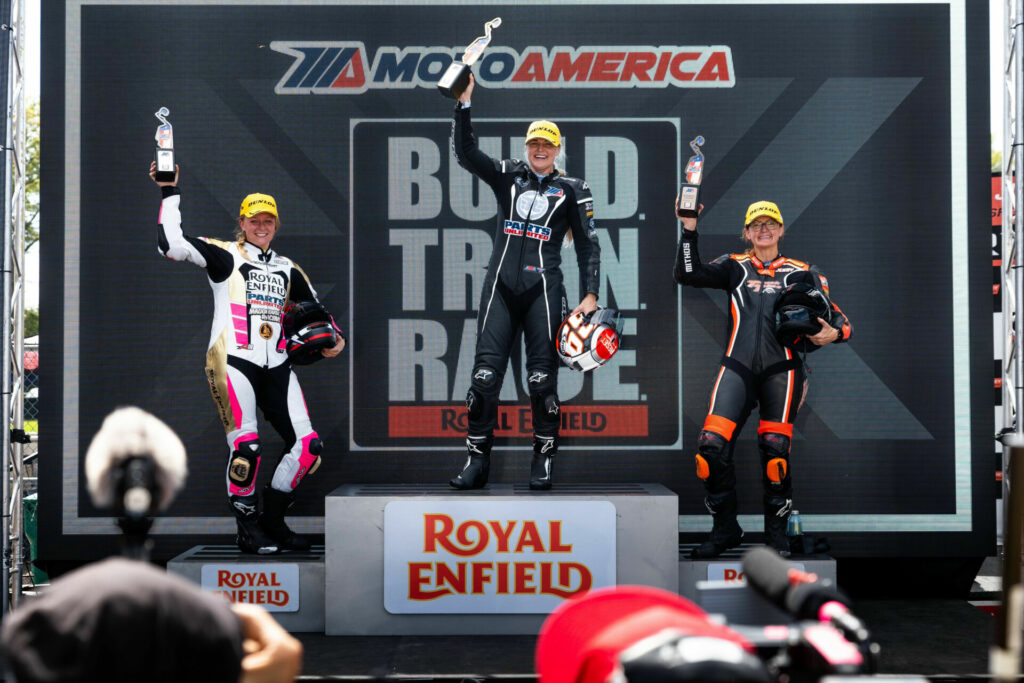 Crystal Martinez (center) won the Royal Enfield BTR race over runner-up Chloe Peterson (left) and third-place finisher Jennifer Chancellor (right) in New Jersey. Photo courtesy Royal Enfield North America. 
