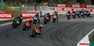 Alvaro Bautista (19) leads early in a WorldSBK race Sunday at Catalunya. Photo courtesy Dorna.