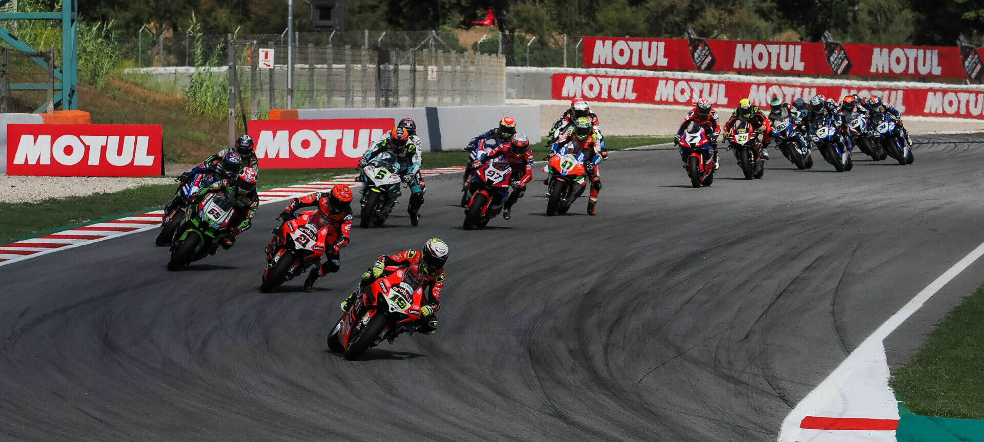 Alvaro Bautista (19) leads early in a WorldSBK race Sunday at Catalunya. Photo courtesy Dorna.