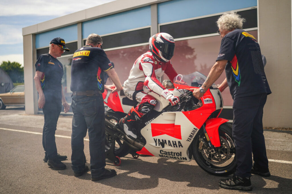 Several people were needed for Wayne Rainey to make each exhibition run on his 1992 Yamaha YZR500 at the Goodwood Festival of Speed. Photo courtesy Goodwood Festival of Speed.