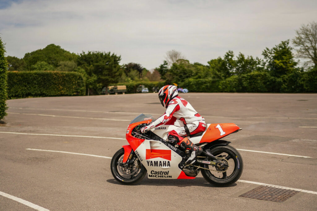 During testing in a large parking lot, Wayne Rainey found his 1992 Yamaha YZR500 wouldn't shift out of first gear using the special modifications made by Yamaha. Photo courtesy Goodwood Festival of Speed. 
