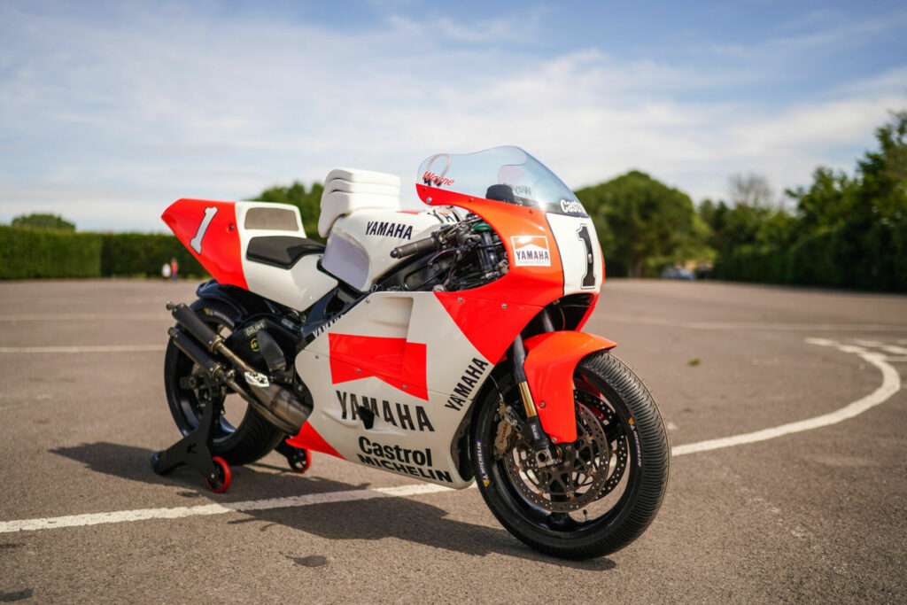 In addition to being modified for hand shifting, Wayne Rainey's 1992 Yamaha YZR500 was fitted with other modifications, including stackable tank pads custom made by Saddlemen. Photo courtesy Goodwood Festival of Speed.