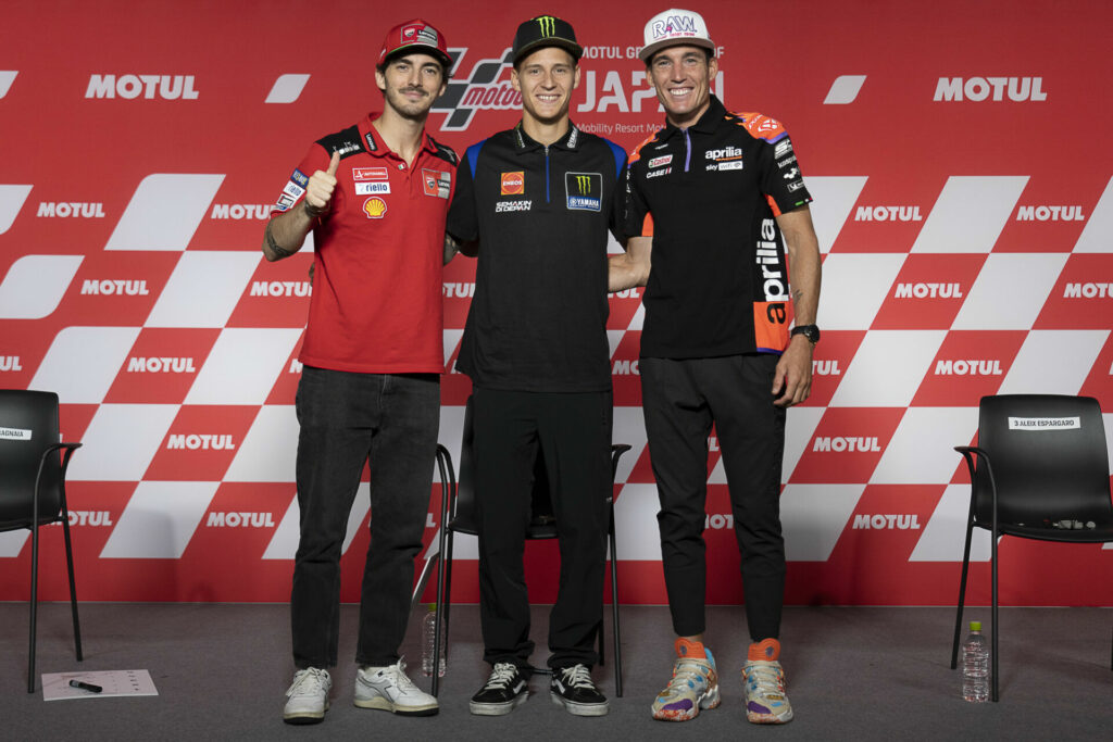 MotoGP World Championship contenders Fabio Quartararo (center), Francesco Bagnaia (left), and Aleix Espargaro (right). Photo courtesy Dorna.