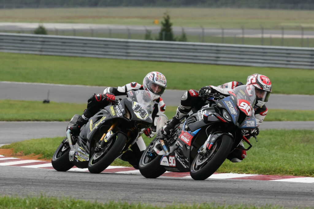 Zach Schumacher (90) leads Andrew Lee (14). Photo by Brian J. Nelson, courtesy Tytlers Cycle/RideHVMC Racing.