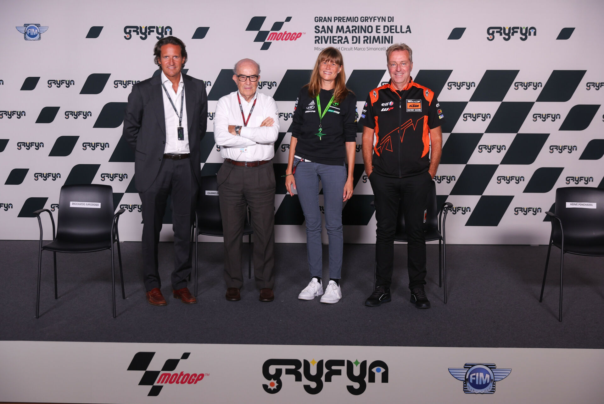 Dorna CEO Carmelo Ezpeleta (second from left), Enel X Way Head of Global Marketing and Sales Riccardo Amoroso (far left), Energica CEO Livia Cevolini (second from right), and IRTA President Herve Poncharal (far right). Photo courtesy Dorna.