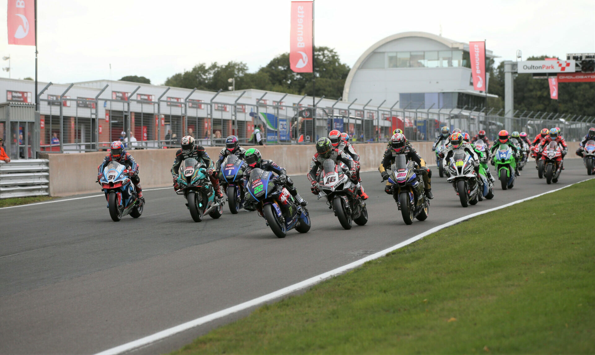 The start of British Superbike Race One with Jason O'Halloran (22) taking an early advantage. Photo courtesy MSVR.