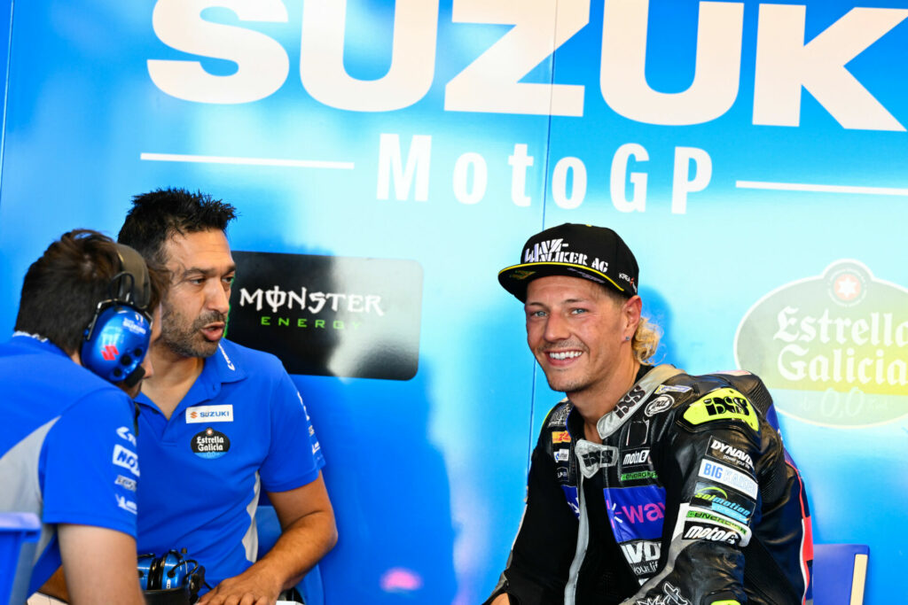 Dominique Aegerter got to ride Joan Mir's Suzuki GSX-RR Tuesday. Photo courtesy Dorna.