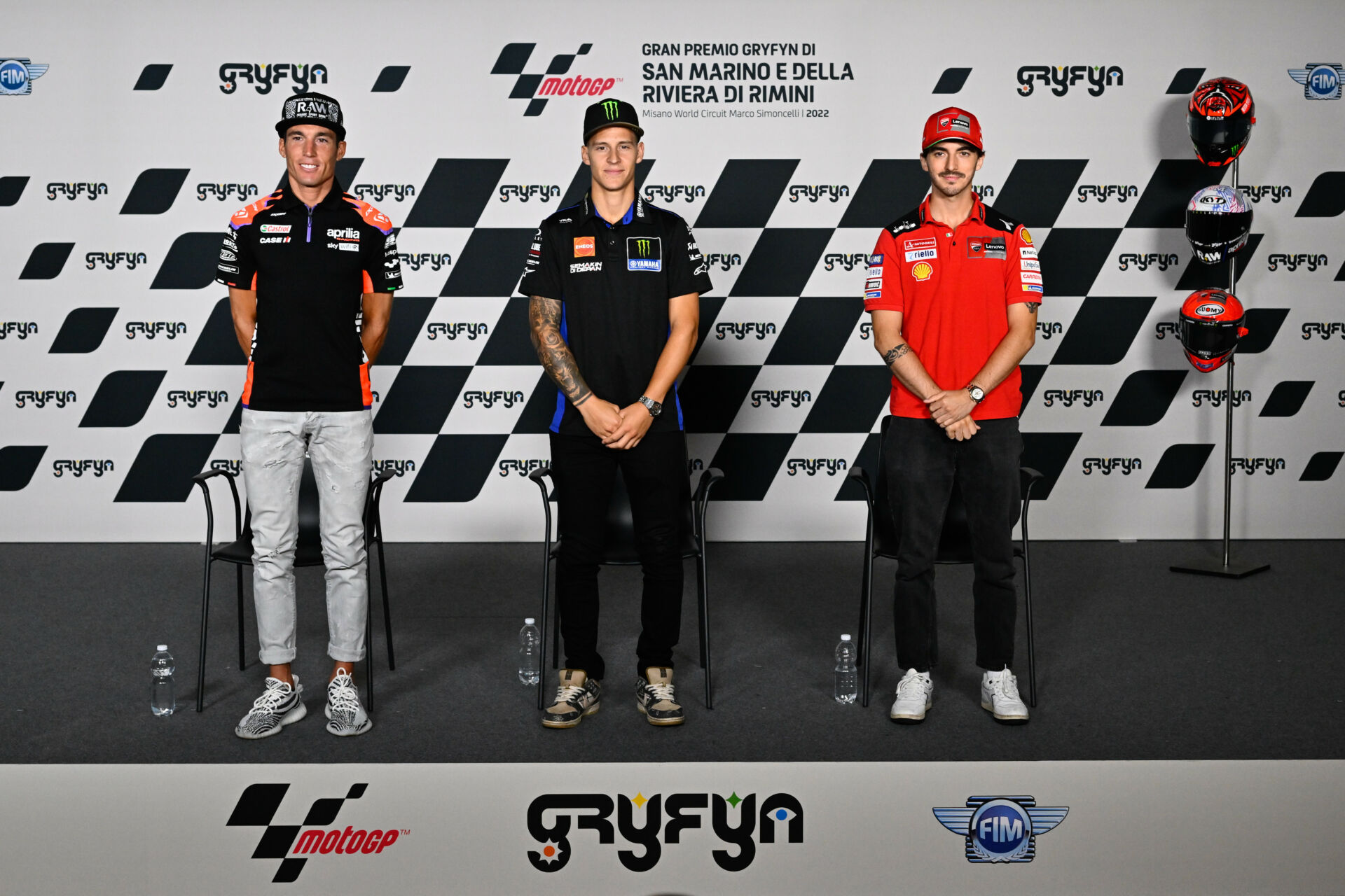 MotoGP World Championship contenders (from left) Aleix Espargaro, Fabio Quartararo, and Francesco Bagnaia. Photo courtesy Dorna.