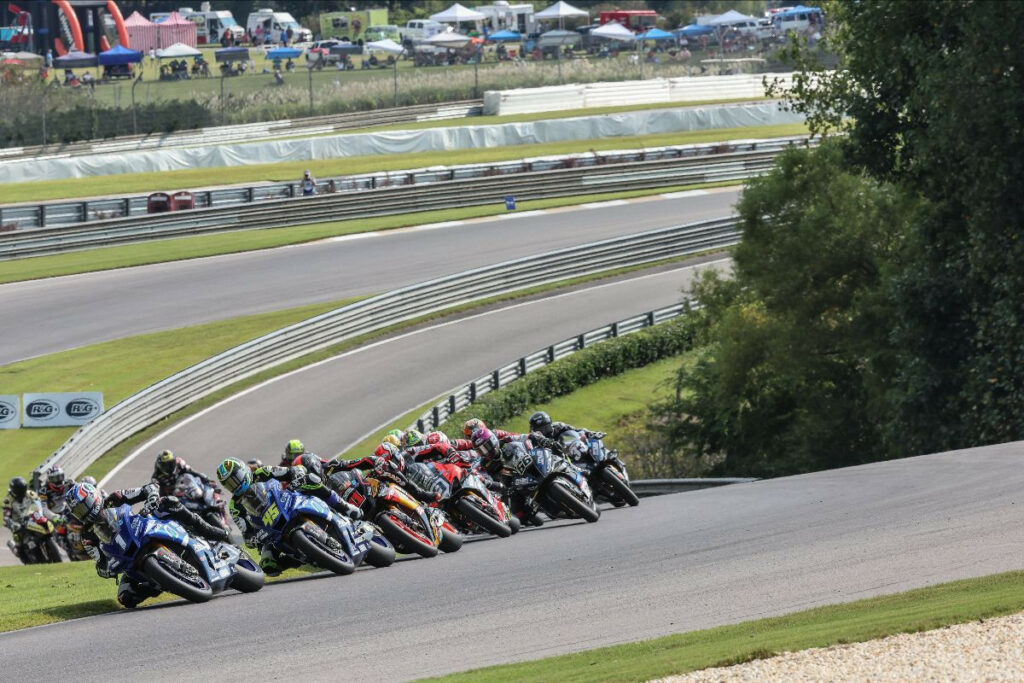 Jake Gagne (1) leads the Medallia Superbike pack on the opening lap of the season finale at Barber Motorsports Park. Eventual race winner Cameron Petersen (45) gives chase. Photo by Brian J. Nelson, courtesy MotoAmerica.