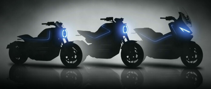 Silhouettes of three of Honda's upcoming "FUN EV" electric motorcycle models. Image courtesy Honda.