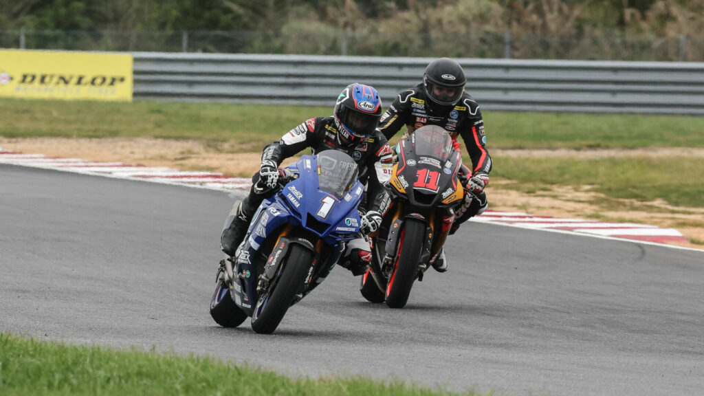 Jake Gagne (1) leads Mathew Scholtz (11) during Superbike Race Two. Photo courtesy Yamaha.