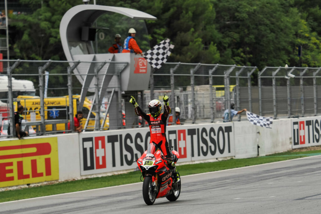 Alvaro Bautista (19) won Superbike Race One. Photo courtesy Dorna.