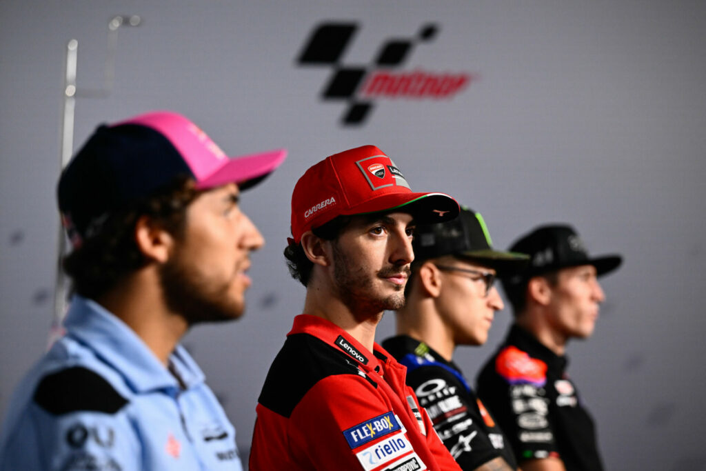 (From left) Enea Bastianini, Francesco Bagnaia, Fabio Quartararo, and Aleix Espargaro during the first half of the pre-event press conference in Thailand. Photo courtesy Dorna.